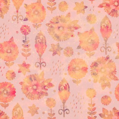 Kusursuz desen. Çiçekli süslemelerle dolu parlak bir arka plan. Moda tasarımı, ambalajlama, paketleme ve yapıştırma kitabı için Raster illüstrasyonu. Kağıt ya da kumaşa yazdırma.