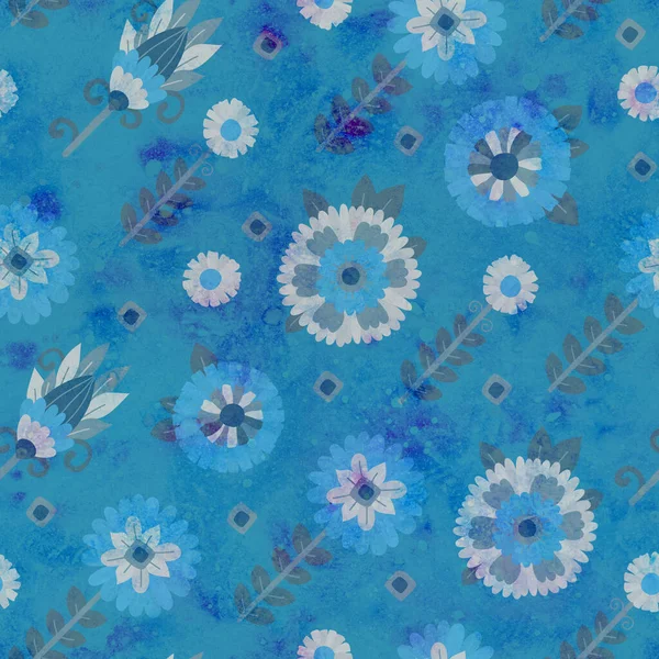 无缝图案 背景与花卉装饰 用于时装设计 包装或废品预订的栅格插图 印刷在纸或织物上 蓝色背景上的蓝色花朵 — 图库照片