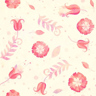 Raster çizimi, kusursuz desen. Tasarım için kırmızı çiçekli suluboya retro arka plan. Kartpostal, paketleme, paketleme ve yapıştırma kitabı için arka plan. Çiçek süsü..