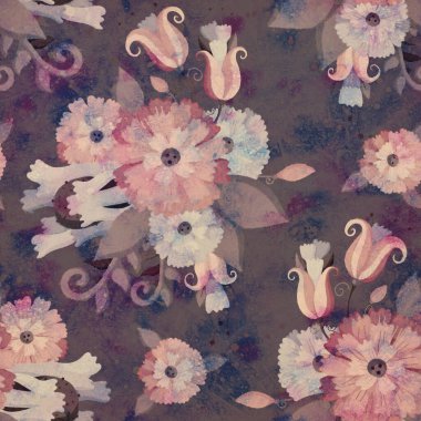Çiçek süslemeli geçmişe dönük. Kusursuz desen. Suluboya tasarımı. Tasarım için Raster çizimi. Kumaş veya kağıda yazdırmak için yazdır.