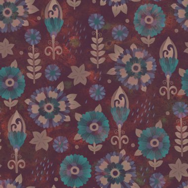 Kusursuz desen. Çiçekli süslemelerle dolu parlak bir arka plan. Moda tasarımı, ambalajlama, paketleme ve yapıştırma kitabı için Raster illüstrasyonu. Kağıt ya da kumaşa yazdırma.