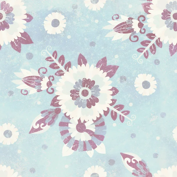 Seamless Pattern Retro Background Floral Ornament Raster Illustration Flowers Blue — Stock Photo, Image