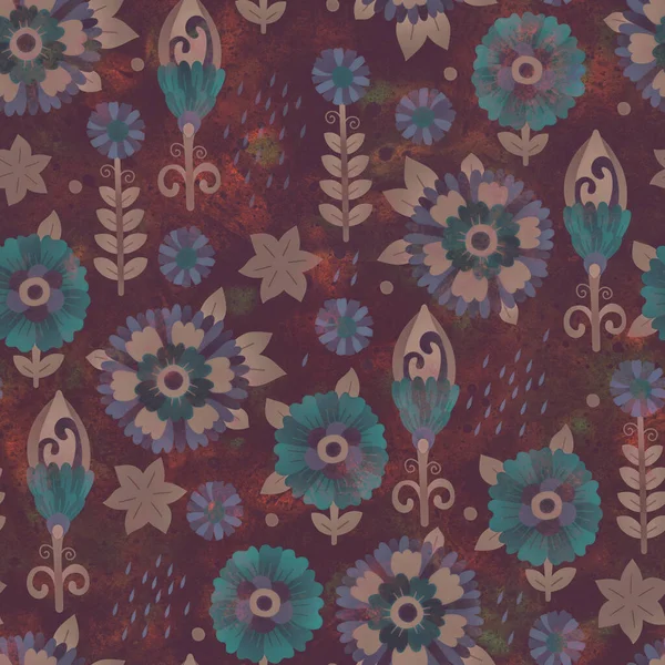 Kusursuz desen. Çiçekli süslemelerle dolu parlak bir arka plan. Moda tasarımı, ambalajlama, paketleme ve yapıştırma kitabı için Raster illüstrasyonu. Kağıt ya da kumaşa yazdırma.