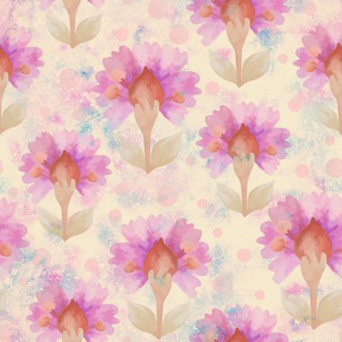 Çiçek süsü ile kusursuz desen. Suluboya çiçeklerle dolu bir arka plan. Kumaş veya kağıt üzerine tasarım ve baskı için Raster illüstrasyonu.