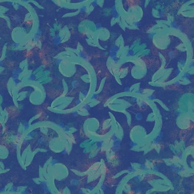 Kusursuz desen. Raster illüstrasyonu. Çiçekli süslemeli suluboya arka plan. Tasarım için resim, kumaş ya da kağıt üzerine baskı. Moda. Koyu arkaplanda yeşil yapraklar.