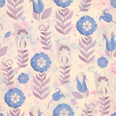 Çiçeklerle kusursuz desen. Raster çizimi ambalaj tasarımı, ambalaj kağıdı, hatıra defteri ya da kartpostal için. Açık arkaplanda suluboya mavi ve bej çiçekler.