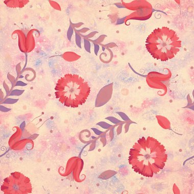Raster çizimi, kusursuz desen. Tasarım için kırmızı çiçekli suluboya retro arka plan. Kartpostal, paketleme, paketleme ve yapıştırma kitabı için arka plan. Çiçek süsü..