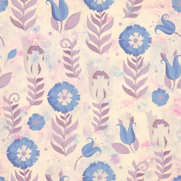 Çiçeklerle kusursuz desen. Raster çizimi ambalaj tasarımı, ambalaj kağıdı, hatıra defteri ya da kartpostal için. Açık arkaplanda suluboya mavi ve bej çiçekler.
