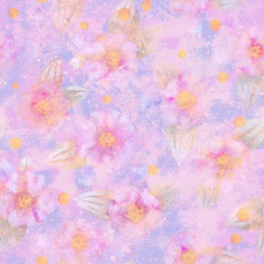 Raster illüstrasyonu. Mavi arka planda pembe çiçekli pürüzsüz desen. Kağıt, kumaş üzerine yazdırmak için suluboya çizim.