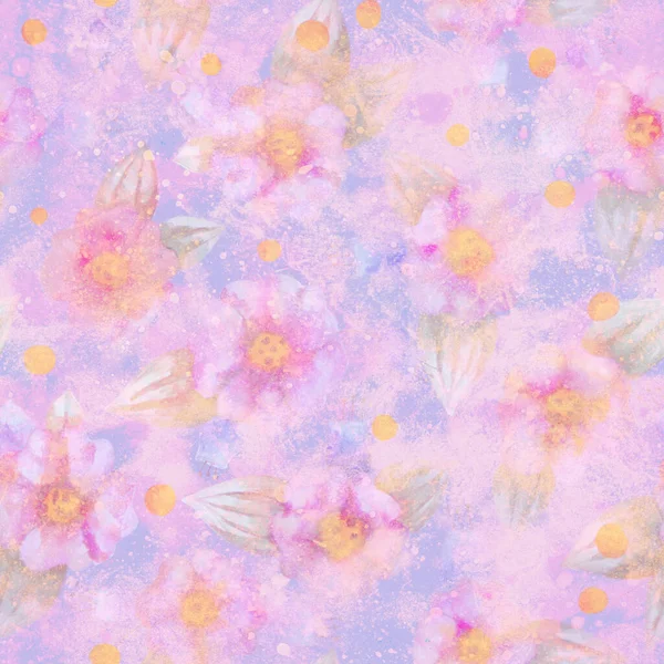 Raster Illustration Seamless Pattern Pink Flowers Blue Background Watercolor Drawing — Stock Photo, Image