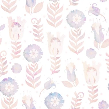 Çiçeklerle kusursuz desen. Raster çizimi ambalaj tasarımı, ambalaj kağıdı, hatıra defteri ya da kartpostal için. Açık arkaplanda suluboya mavi ve bej çiçekler.