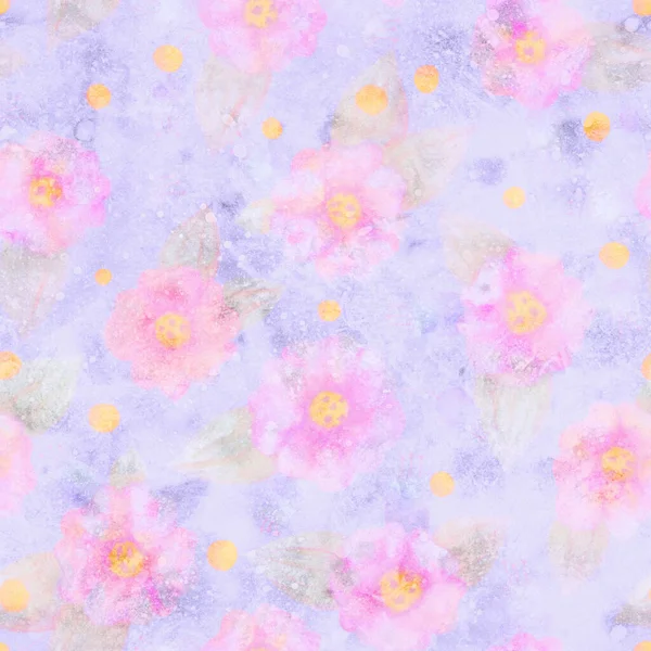 Raster illüstrasyonu. Mavi arka planda pembe çiçekli pürüzsüz desen. Kağıt, kumaş üzerine yazdırmak için suluboya çizim.