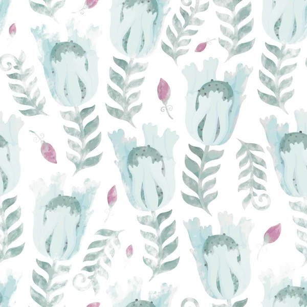 Квітковий Орнамент Зеленим Листям Синьо Рожевими Квітами Білому Тлі Безшовний — стокове фото