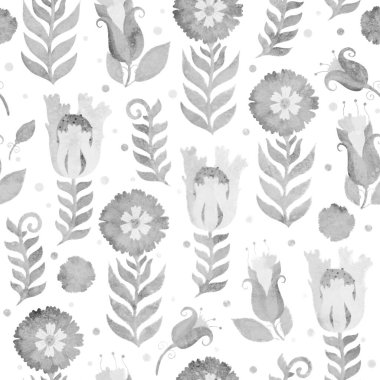 Çiçeklerle kusursuz desen. Raster çizimi ambalaj tasarımı, ambalaj kağıdı, hatıra defteri ya da kartpostal için. Açık arkaplanda suluboya mavi ve bej çiçekler.