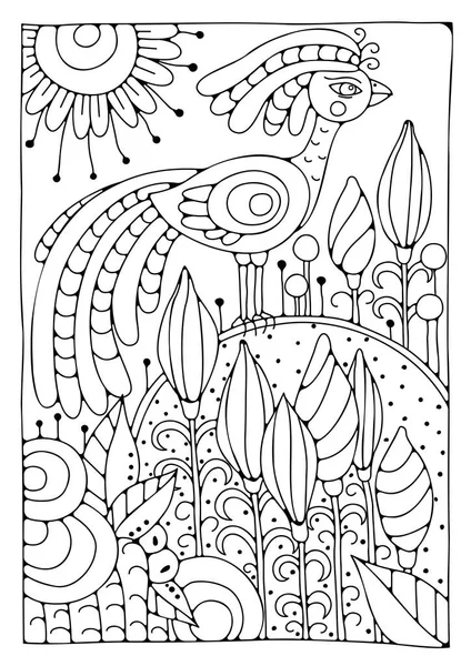 Çocuklar ve yetişkinler için boyama sayfası. Bir kuş sihirli bir bahçede çiçeklerin üzerinde oturur. Boyama için arka plan. Sanat terapisi. Sanat çizgisi. Vektör illüstrasyonu.