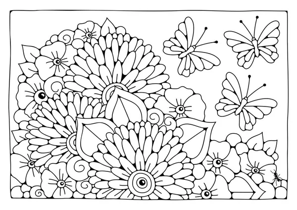 Çiçekli ve kelebekli boyama sayfası. Renkler için siyah beyaz arka plan. Çocuklar ve yetişkinler için sanat terapisi.