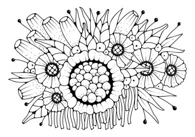 Boyama sayfası, çocuklar ve yetişkinler için sanat terapisi. Hassas bir buket çiçek, renklendirme için vektör arkaplan. Resim satırı.