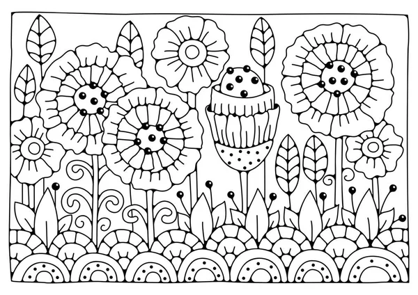 Boyama sayfası, çocuklar ve yetişkinler için sanat terapisi. Hassas bir buket çiçek, renklendirme için vektör arkaplan. Resim satırı.