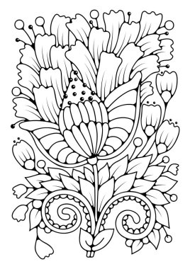  Büyük çiçek ve tomurcuklarla boyama sayfası. Renkler için siyah-beyaz vektör arkaplanı. Sanat terapisi. Resim satırı.