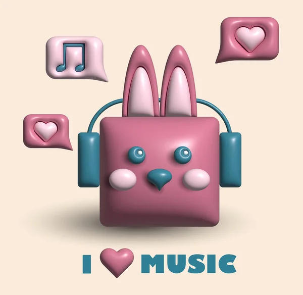 Cute 3d rabbit listens to music with headphones and text I love music.