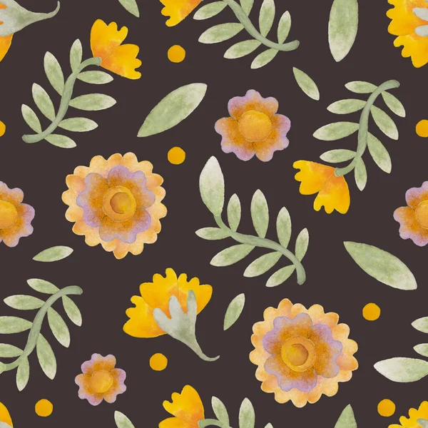 Seamless Pattern Yellow Flowers Dark Background Retro Background Design Printing —  Fotos de Stock