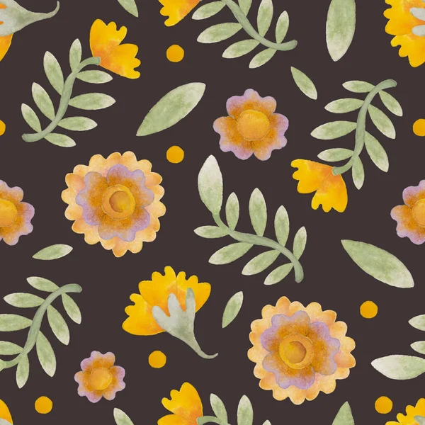 Seamless pattern with yellow flowers on a dark background. Retro background for design and printing on fabric and paper. Raster illustration for packaging design, wrapper, postcard, clothes.