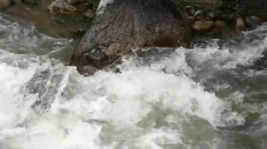 Taşların arasında fırtınalı bir nehir. Kayaların etrafındaki su. Suyun hızlı akışı. dağ nehri.