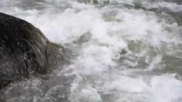Burzliwa Rzeka Wśród Kamieni Woda Wokół Skał Szybki Przepływ Wody — Wideo stockowe
