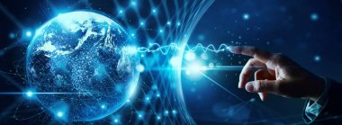 Küresel ağa ve veri alışverişine dokunan bir işadamı. İnternet işi için iletişim teknolojisi. Sosyal medya. Şeyler ve Telekomünikasyon İnternet.