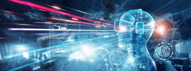 AI 'ın Metaverse' i. Yapay Zeka Veri Analizi Teknolojisi ve kontrol Otomasyon Robot Silah Makinesi ve izleme yazılımı. Fütüristik dijital üretim ve endüstriyel teknoloji 