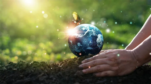 Earth Day Environment Concept Hands Human Protect Blue Earth Flying — Stock Photo, Image