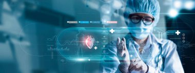Medicine doctor cardiologist diagnose and examine patient virtual heart with intelligence software of innovative medical technology on modern interface network connection. Medical healthcare.