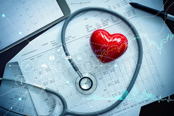 Red Heart Shape Stethoscope Patient Heartbeat Report Healthcare Business Data — Stock fotografie