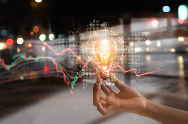 Enerji krizi, enerji kaynakları ikonlu el feneri ve elektrik krizi, ekonomi ve alternatif enerji, sürdürülebilirliği temsil eden yükselen veri tablosu. Ekolojik dost. 