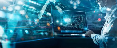 Healthcare and medicine, Virus, Doctor and robotics research diagnose virtual Human Lungs with virus spread inside on modern interface screen on laboratory, Innovation and Medical technology.