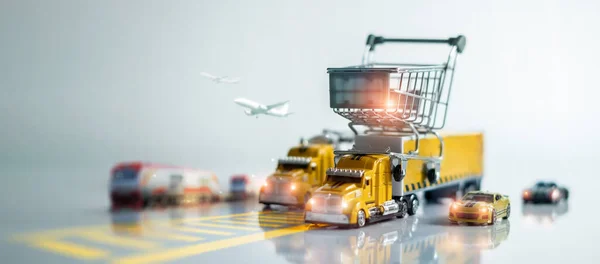 Abstract transportation and logistic, Cart on truck of global logistic and transportation network distribution and intelligent logistic of import export industry, shopping and delivery express.