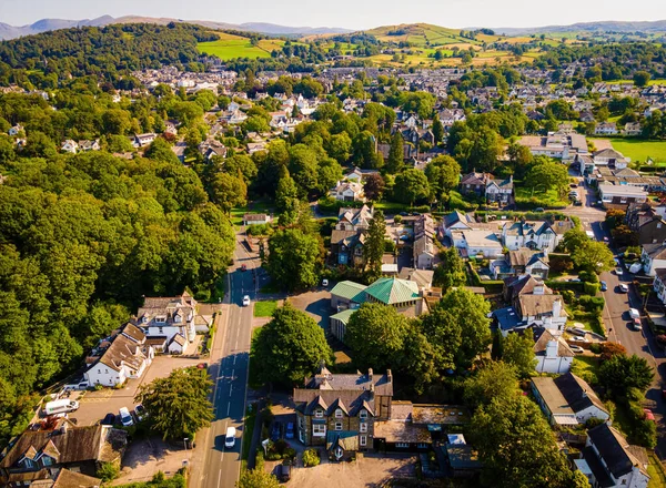 Aerial view of Windermere town in Lake District, a region and national park in Cumbria in northwest England, UK