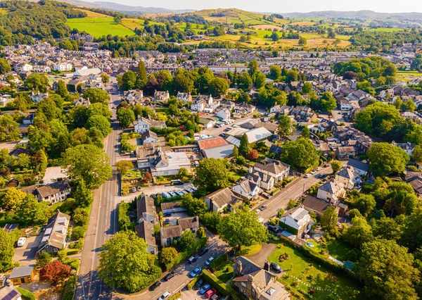 Aerial view of Windermere town in Lake District, a region and national park in Cumbria in northwest England, UK