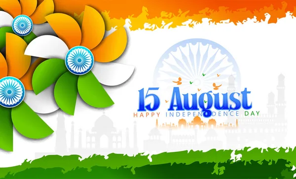 Agosto Feliz Día Independencia India Bandera India Ondulada Tricolor Con — Vector de stock