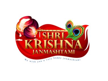 Hindistan 'ın arka planında Shri Krishan Janmashtami anlamına gelen Hintçe metinlerle Bansuri (flüt) çalan Tanrı Krishna' nın resmi