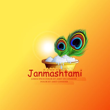 Hindistan 'ın arka planında Shri Krishan Janmashtami anlamına gelen Hintçe metinlerle Bansuri (flüt) çalan Tanrı Krishna' nın resmi