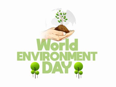 World environment day with earth and trees, and 3d text design for environment day, Human hands holding plant, space. Save our planet