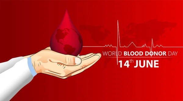 Dünya kan bağışlama günü posteri, insan kanı, kan torbası ve el taşıyıcısı.