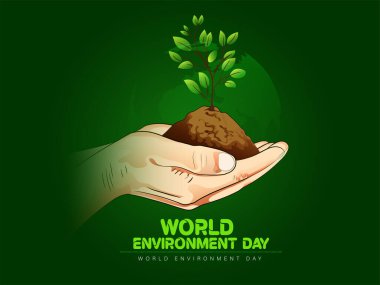 World environment day with earth and trees, and 3d text design for environment day, Human hands holding plant, space. Save our planet