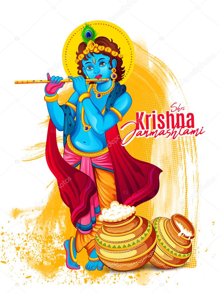 Happy Janmashtami, illustration of bansuri (flute), Creative Background for Hindu Festival of India with text in Hindi meaning Shri Krishan Janmashtami