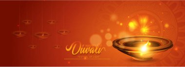 Diya 'nın yağ lambası elementleriyle Mutlu Diwali tasarımı üzerine Diya' yı yakmak, Hindistan 'ın ışık festivali
