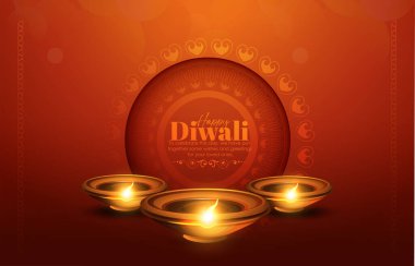 Diya 'nın yağ lambası elementleriyle Mutlu Diwali tasarımı üzerine Diya' yı yakmak, Hindistan 'ın ışık festivali