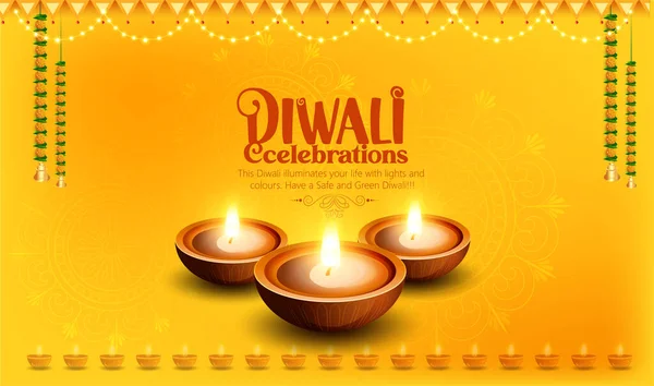 Diya 'nın yağ lambası elementleriyle Mutlu Diwali tasarımı üzerine Diya' yı yakmak, Hindistan 'ın ışık festivali