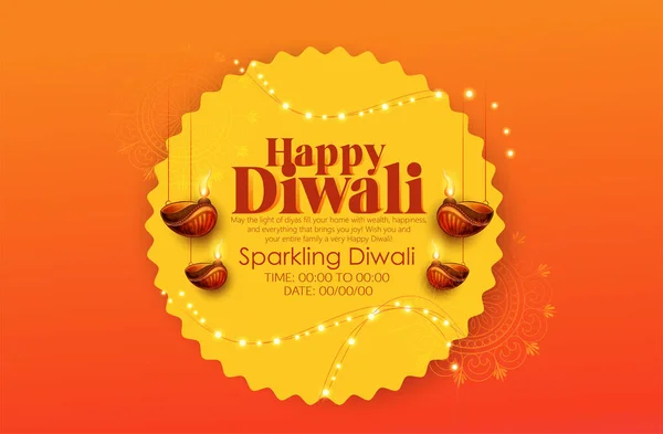 Diya 'nın yağ lambası elementleriyle Mutlu Diwali tasarımı üzerine Diya' yı yakmak, Hindistan 'ın ışık festivali