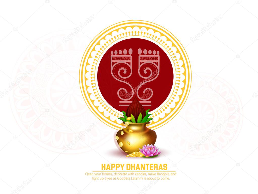 illustration of Gold coin in pot for Dhanteras celebration, Laxmi footprint on Happy Diwali light festival of India